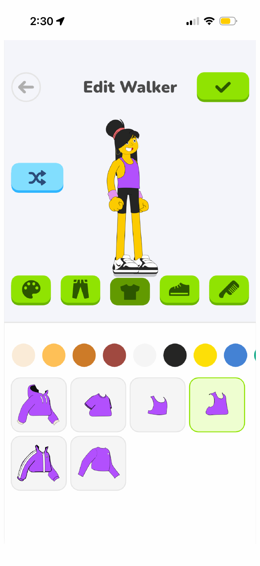 Go Steps Daily character customisation screen
