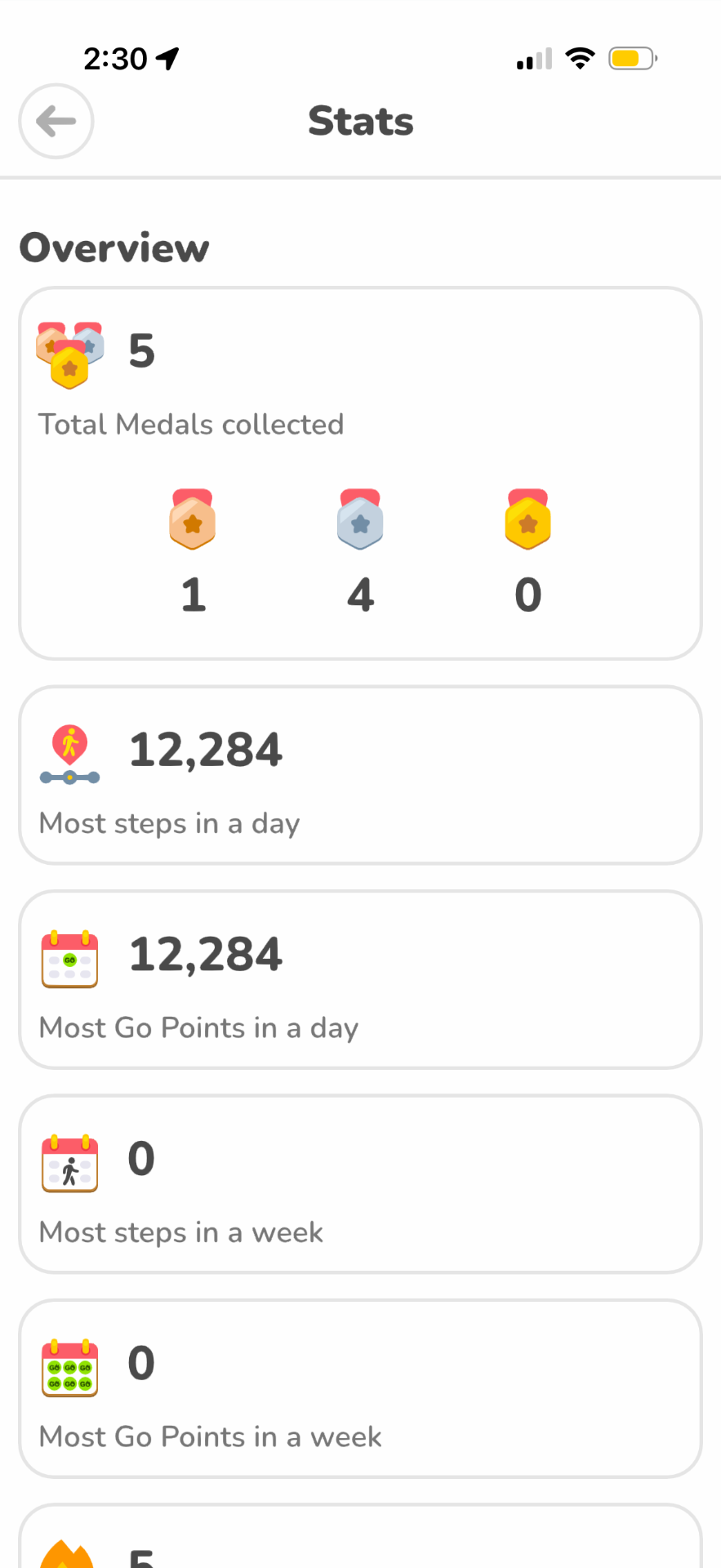 Go Steps Daily walking stats and streak screen